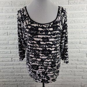 Investments II 2X Black White Floral Top Mesh Tiered Ruffle 3/4 Sleeve FLO172E